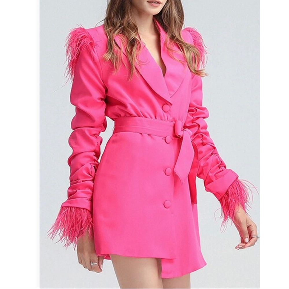 ZCRAVE Ruched Feathers Blazer Dress with Belt